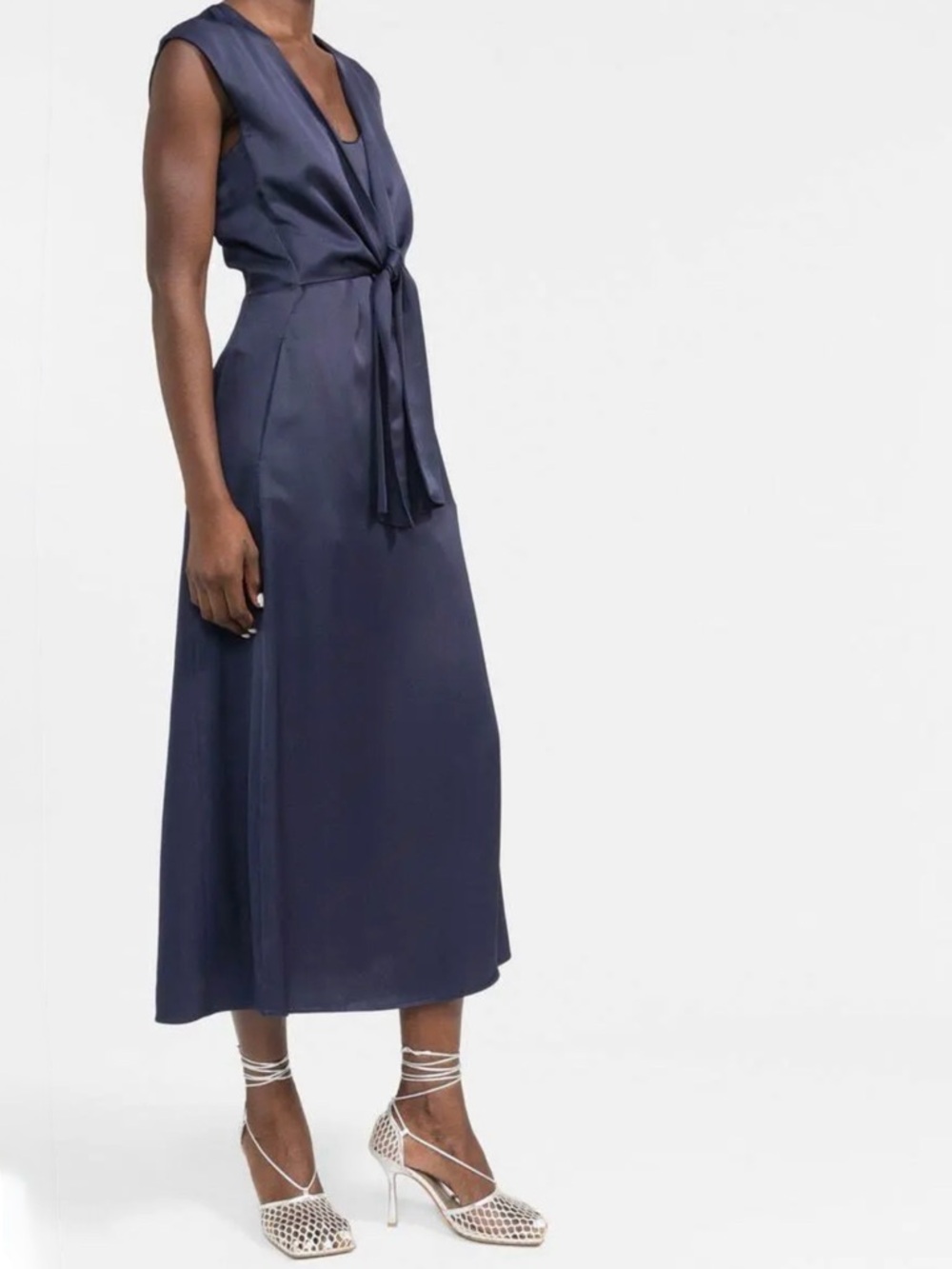 There Was One Knot Detail Navy Satin Midi Dress Made in Italy Farfetch 44 8 $520 - Picture 1 of 16